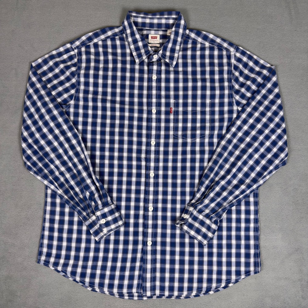 Levis Blue White Plaid Button Down Shirt Long Sleeve Mens L Standard Fit